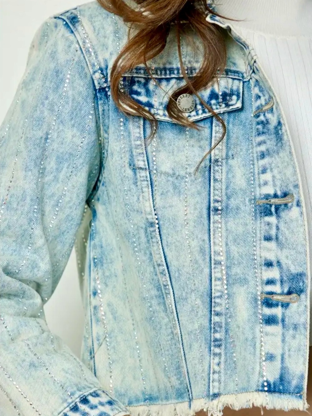 Striped Rhinestone Distressed Denim Jacket - Picture 3 of 12